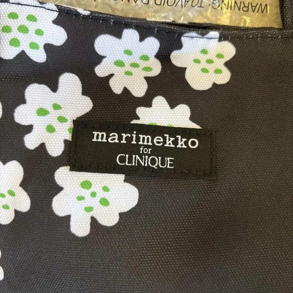 Marimekko for Clinique Tote Bag Black White Green Floral White Lining Straps